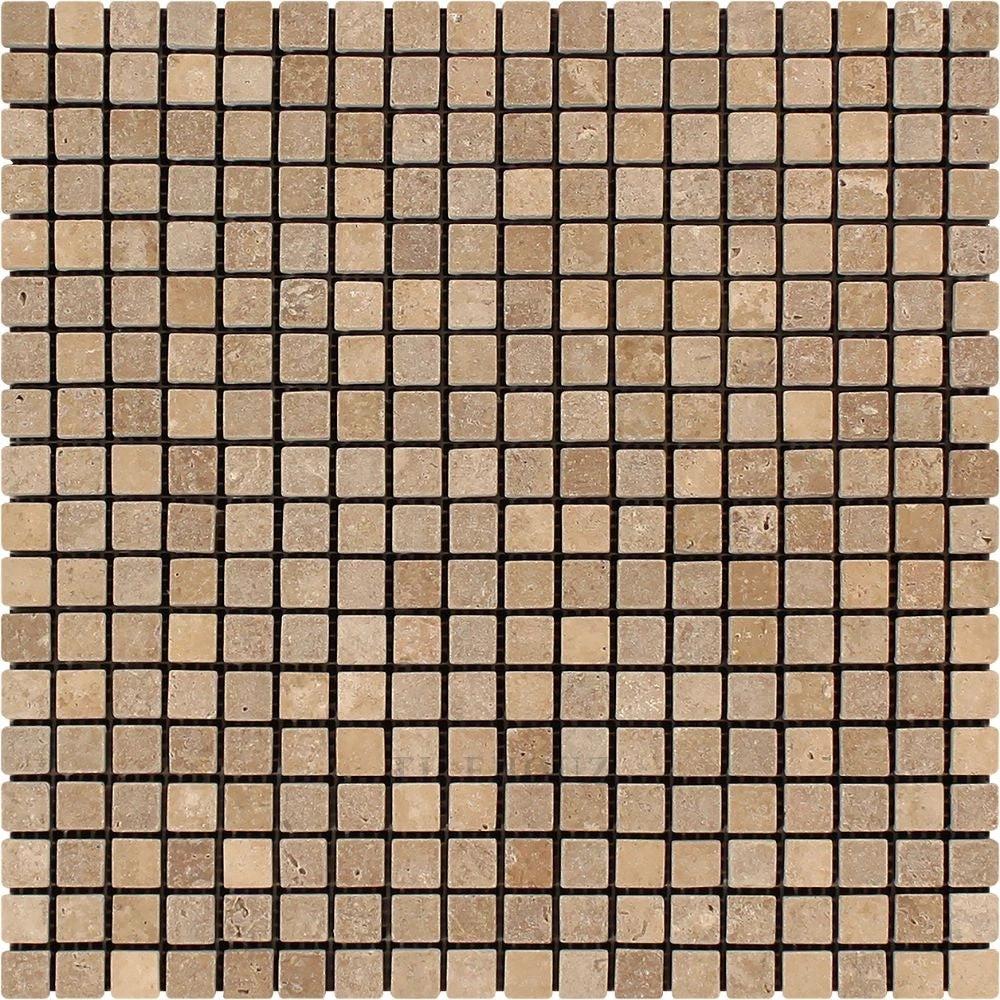 Noce travertine mosaic tile sheet 5/8x5/8 by Tilehouz, tumbled, wall/ceiling
