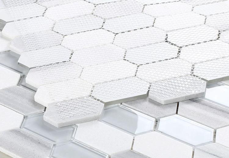 Montage Light hex mosaic tiles by Tilehouz, 12.5 x 13.25, white wall & ceiling tile.