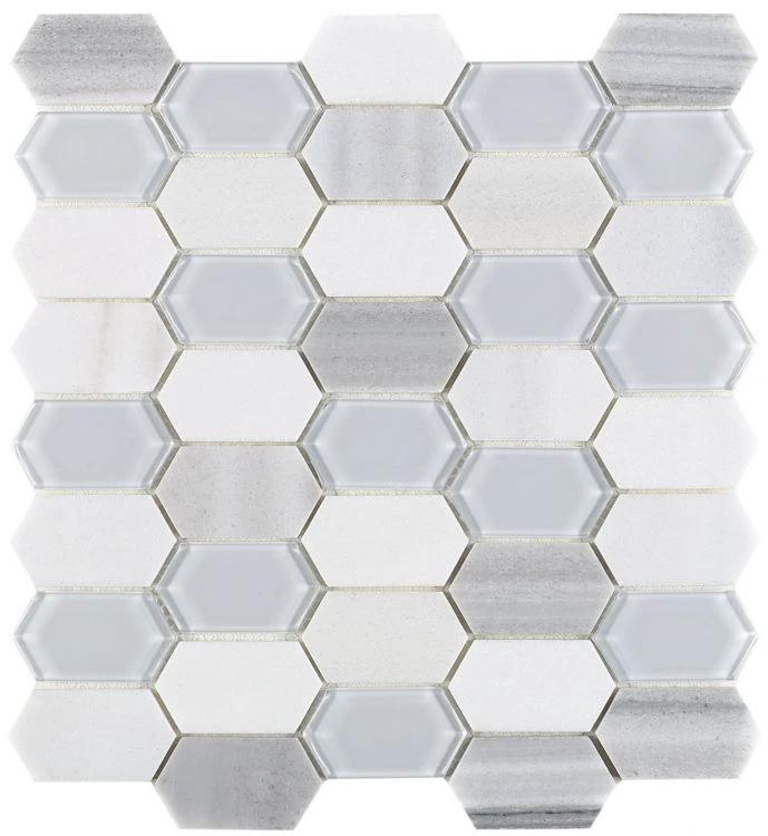 Montage Light mosaic tile sheet, 12.5 x 13.25, elongated hex in white/gray marble, Tilehouz