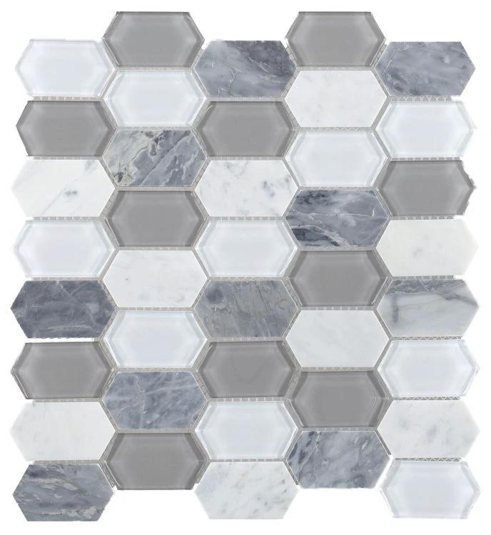 Montage Grey hex mosaic tile sheet with marble and solid gray hexes for wall and ceiling