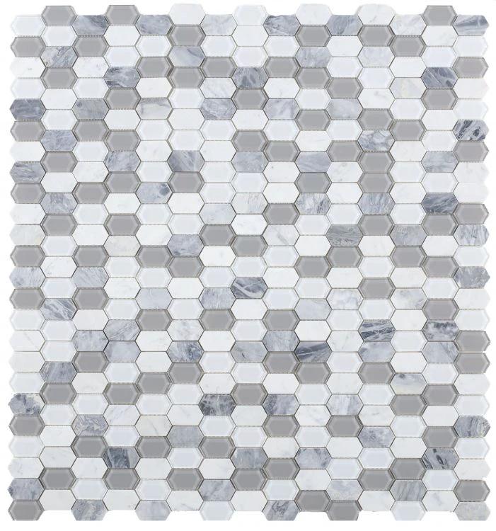 Montage Grey hex mosaic tile by Tilehouz; elongated hex wall & ceiling tile in white/grey marble tones, 12.5 x 13.25