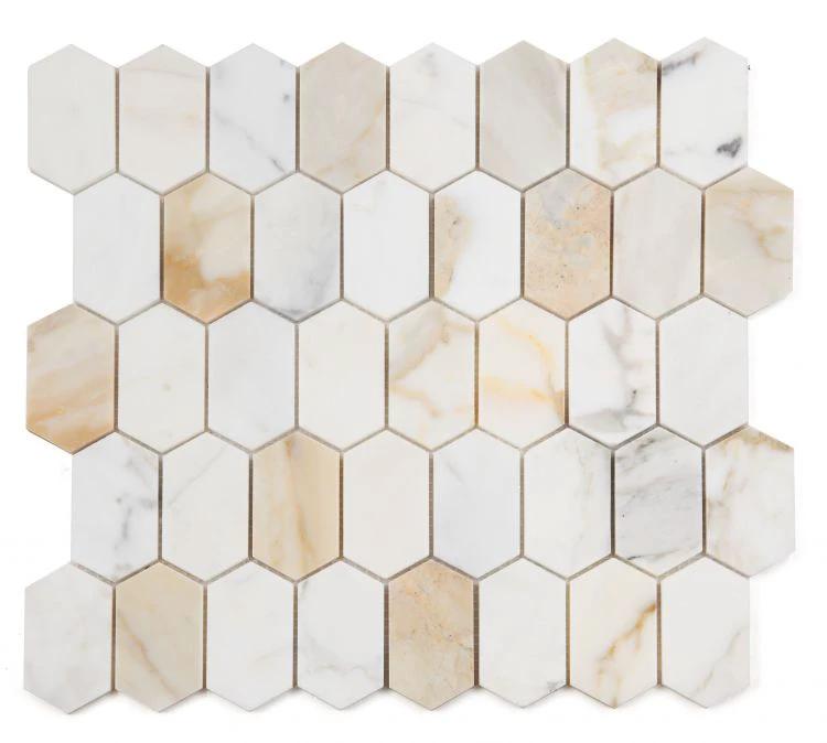 Montage Calacatta Gold mosaics, polished hexagon wall tile 12.5 x 13.25 in by Tilehouz