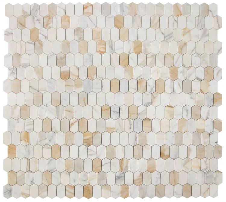 Tilehouz Montage Calacatta Gold polished marble mosaic sheet with white and gold hex tiles, 12.5 x 13.25 in