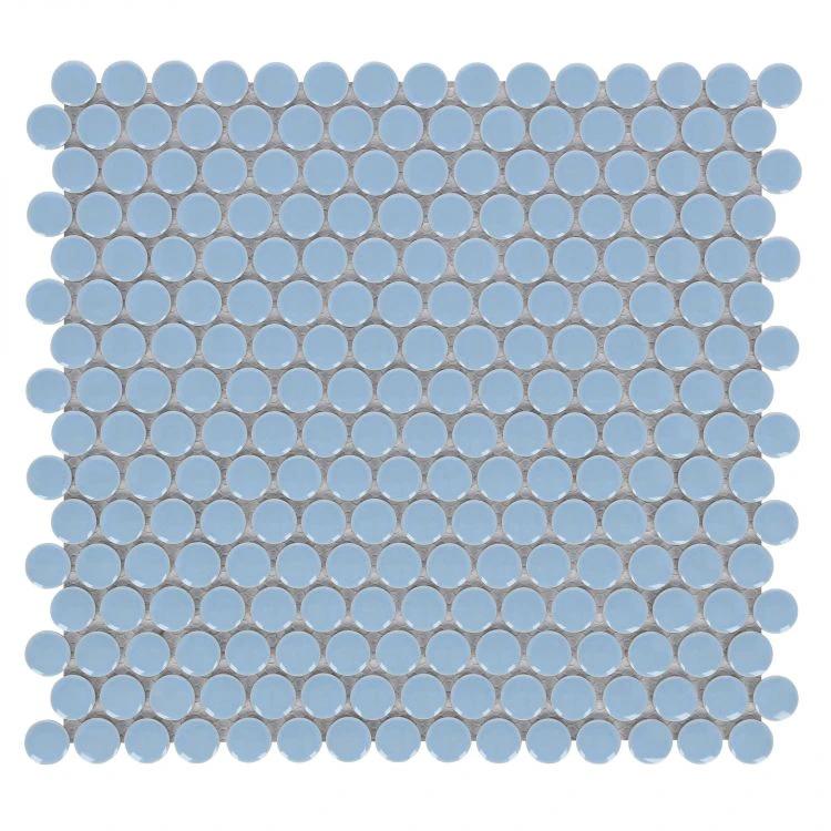 Tilehouz Penny Round Sky Blue porcelain mosaic tile sheet, handmade wall & ceiling tile, 11.5 x 12.25 in