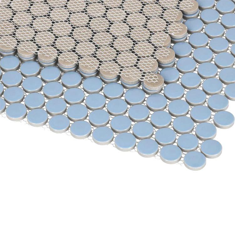 Penny Round Sky Blue porcelain mosaic tile sheet with mesh backing for walls and ceilings