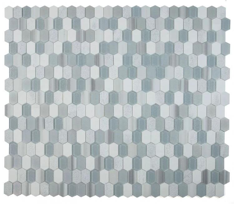 Montage Modern Grey mosaics sheet, hexagon tiles in cool greys for walls, 12.5 x 13.25 in