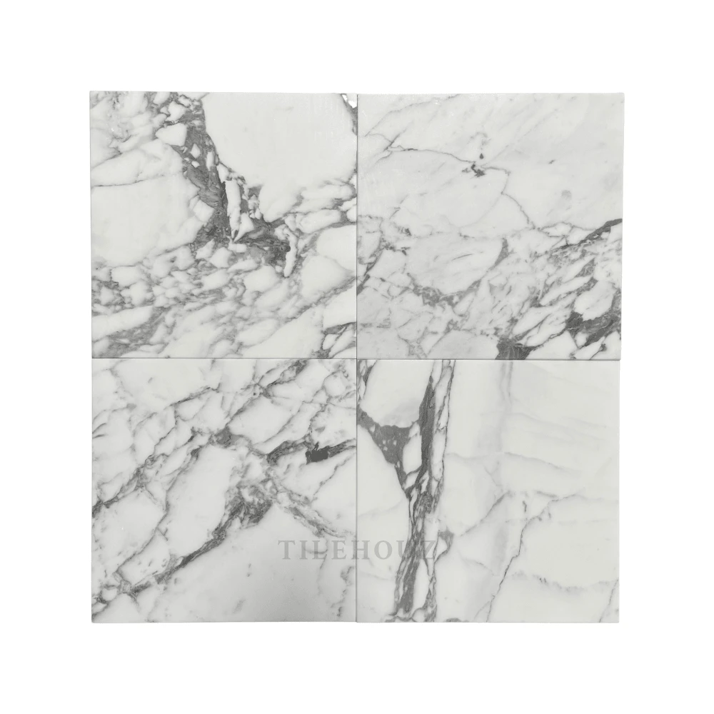 Tilehouz Arabescato 12x12 Italian marble tile, polished/honed finish, white with gray veining, set of 4