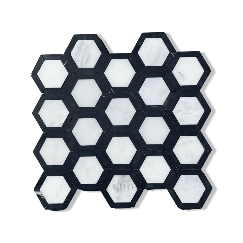 Asian Statuary Marble vortex hexagon mosaic tile sheet 2.5x2.5 in with black border; polished and honed finish