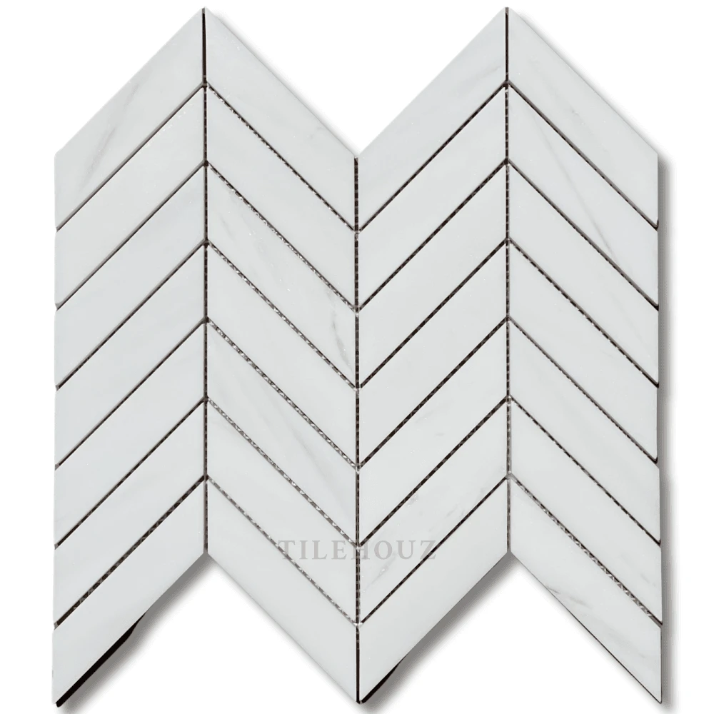 Bianco Dolomite marble large chevron mosaic tile, white polished/honed finish by Tilehouz