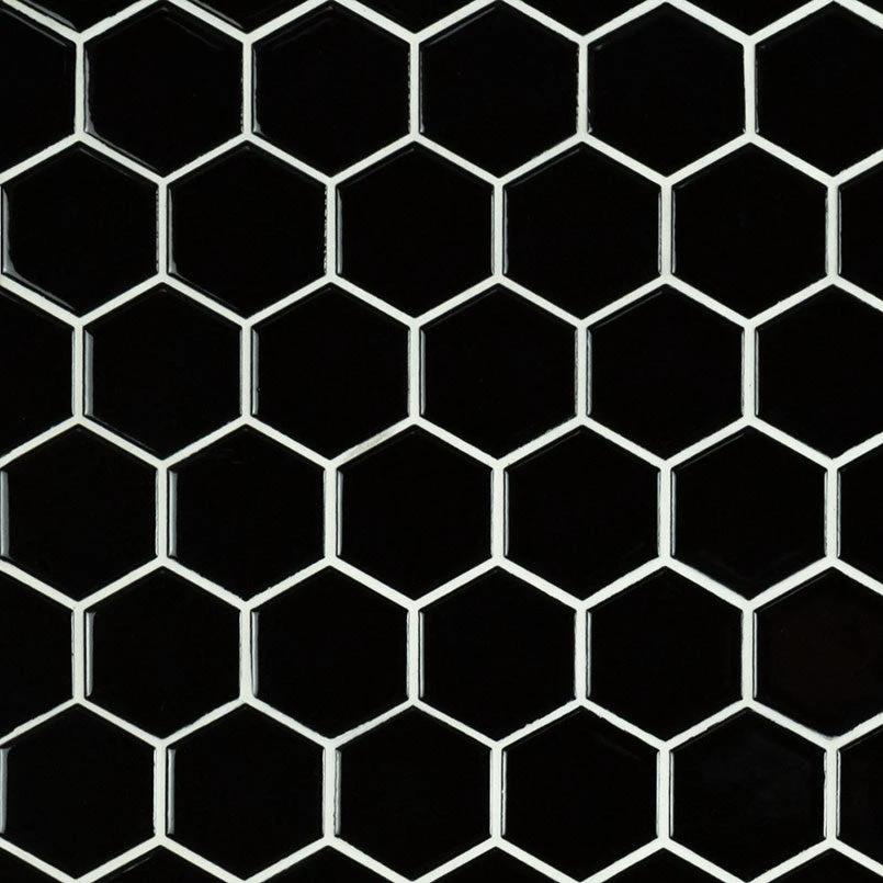 Black glossy 2x2 hexagon mosaic tile by Tilehouz, ceramic wall &amp; ceiling tile with white grout