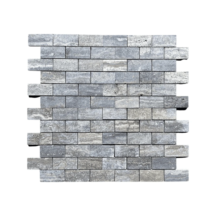 Blue travertine 1x2 brick mosaic wall tile, brushed and semi-polished finish