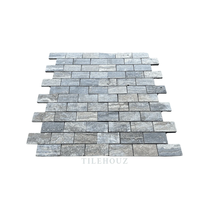 Blue Travertine 1x2 Brick Mosaic Tile by Tilehouz, brushed and semi-polished wall tile