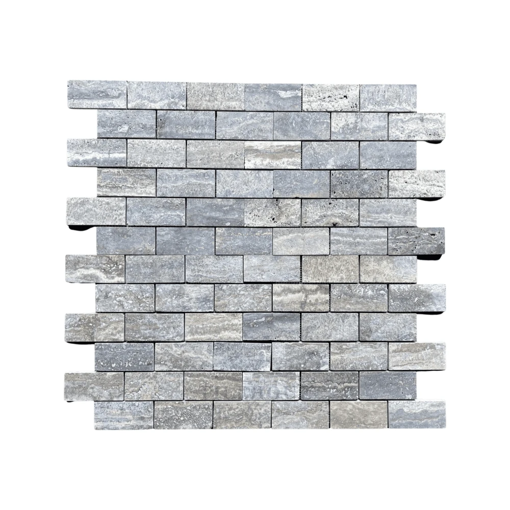 Blue travertine 1x2 brick mosaic tile with brushed and semipolished finish