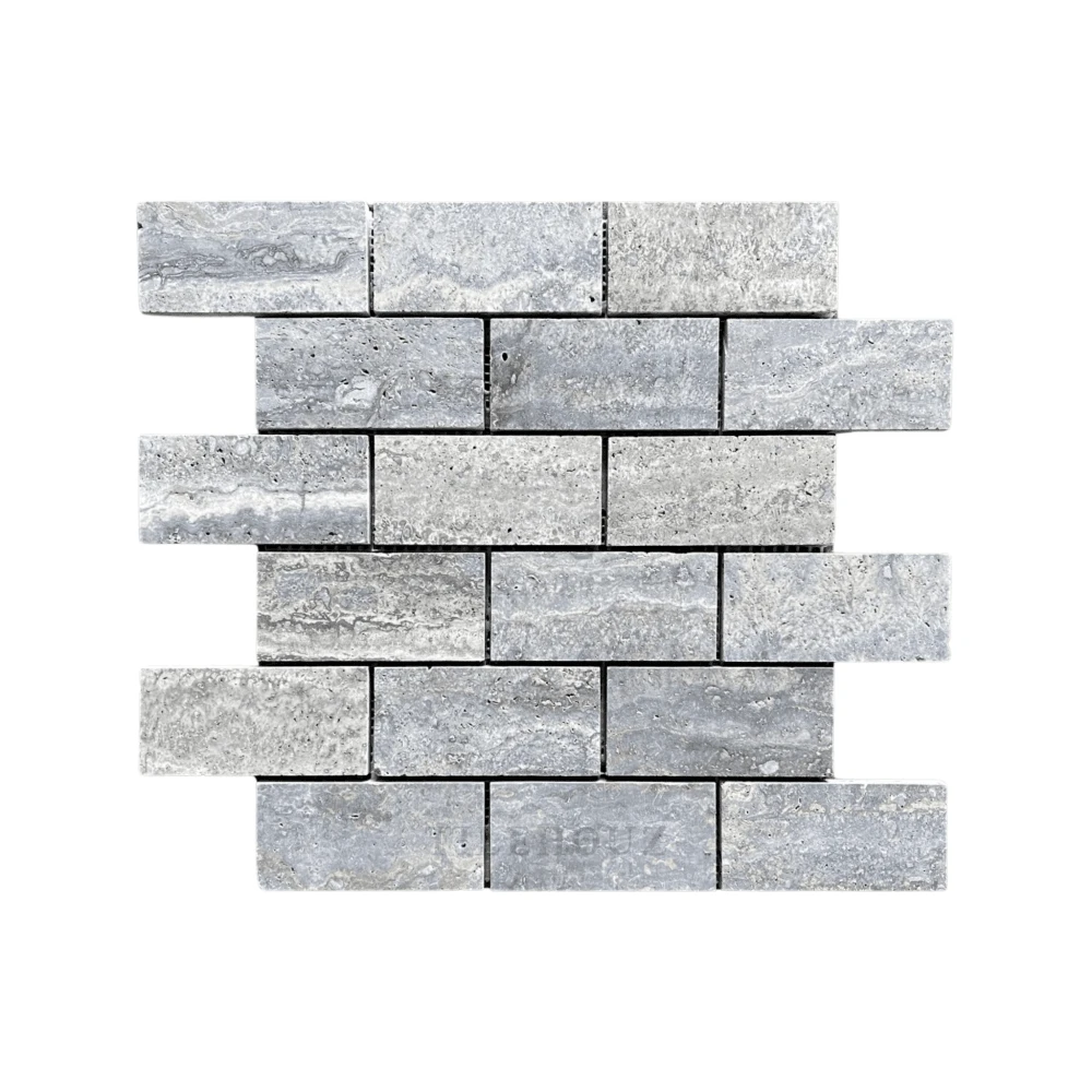 Tilehouz blue travertine 2x4 brick mosaic, brushed & semi-polished wall tile