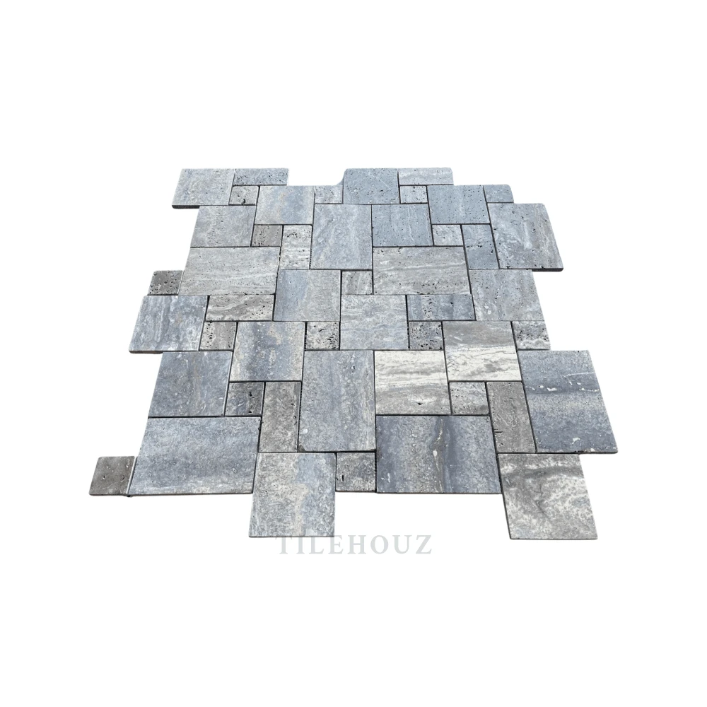 Blue travertine Opus mini-pattern wall tile set, 4 pcs, brushed and semi-polished finish, Tilehouz.