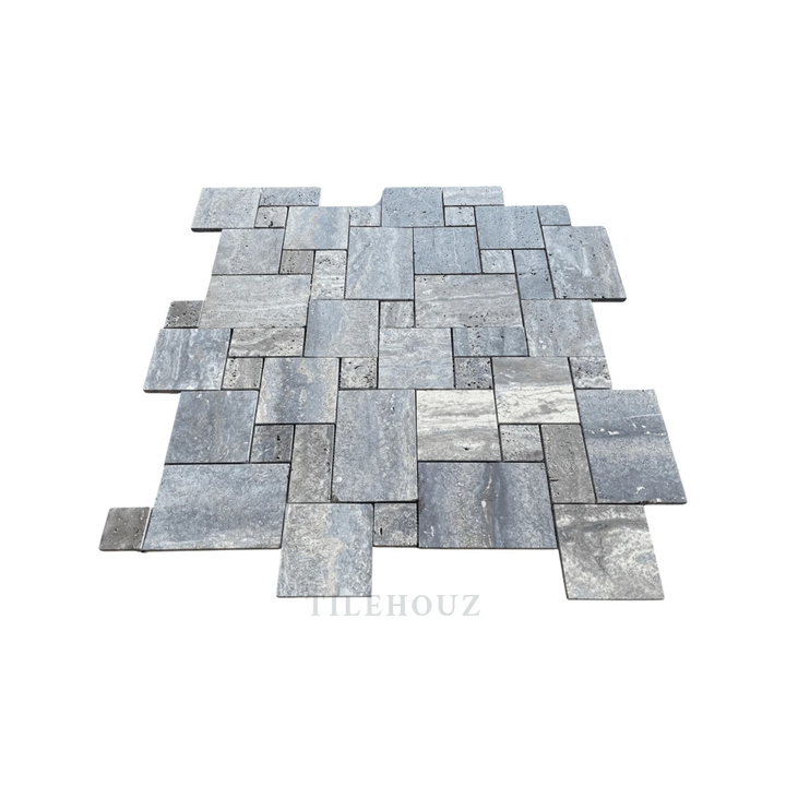 Blue travertine Opus mini-pattern wall tile set, 4 pcs, brushed and semi-polished finish, Tilehouz.