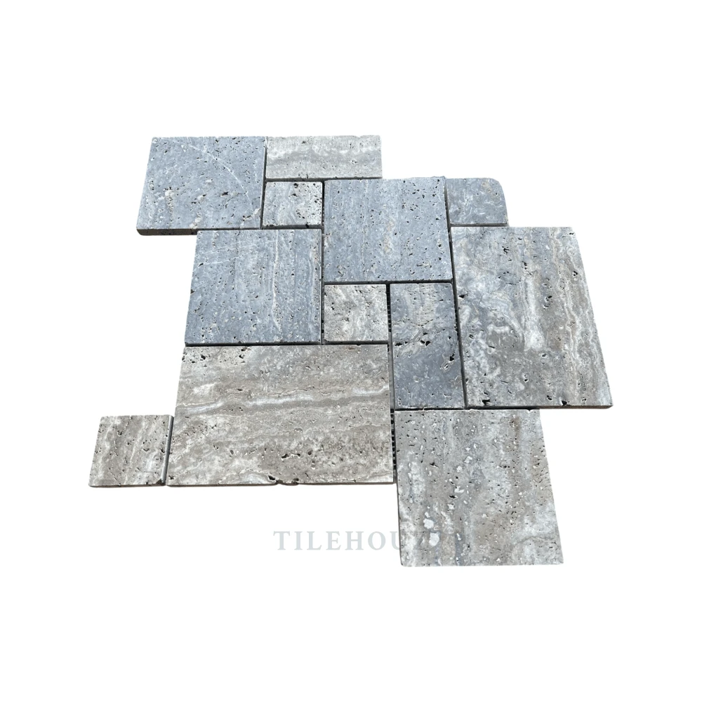 Tilehouz Blue Travertine Opus Mini-Pattern wall tiles, 4-piece brushed &amp; semi-polished set.