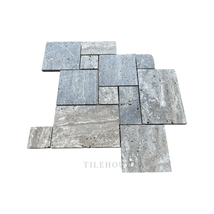 Tilehouz Blue Travertine Opus Mini-Pattern wall tiles, 4-piece brushed &amp; semi-polished set.