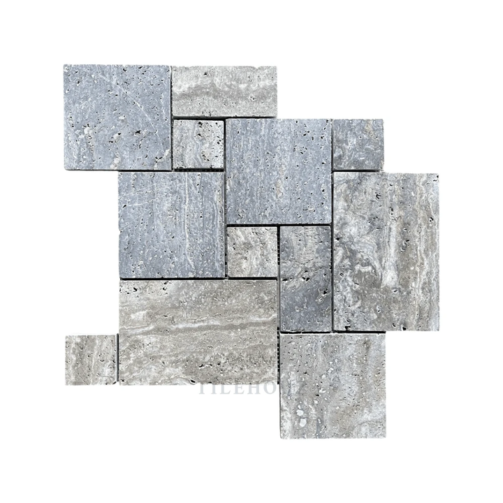 Tilehouz blue travertine Opus mini-pattern wall tile set, 4 pcs, brushed &amp; semi-polished.