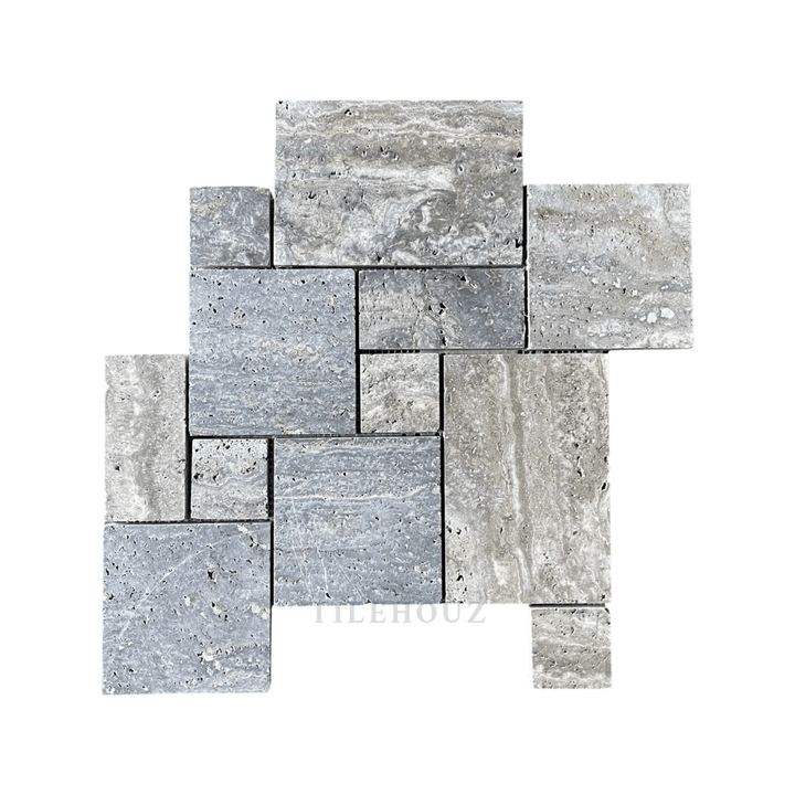 Blue Travertine Opus Mini-Pattern wall tile set, 4 pcs, brushed &amp; semi-polished by Tilehouz