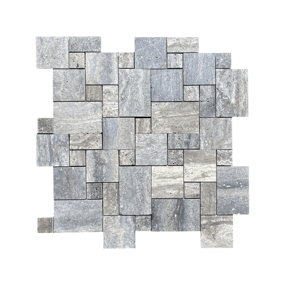 Blue travertine Opus mini-pattern tile, 4-piece wall mosaic, brushed &amp; semi-polished finish