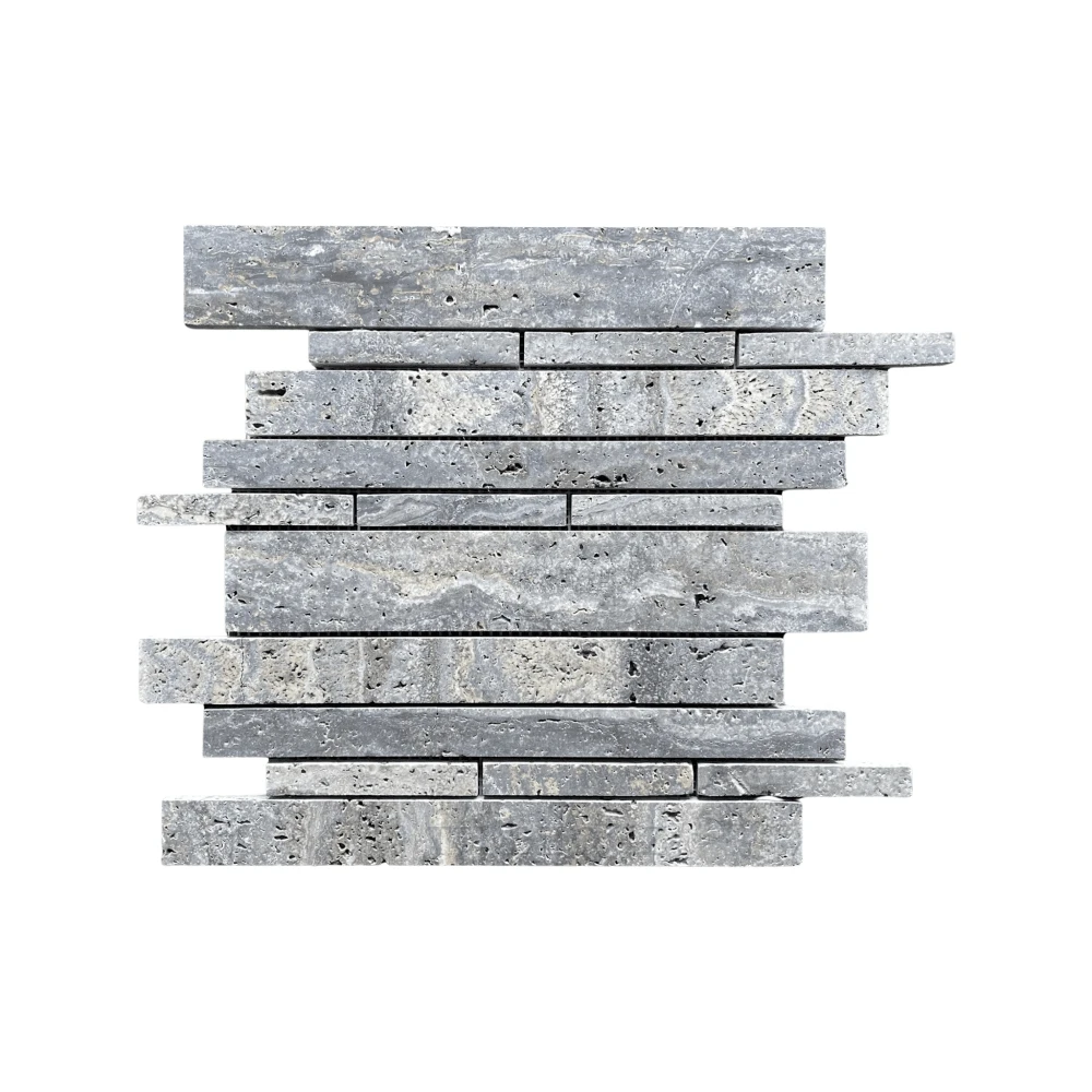 Travertine mosaic wall tile, blue random-strip, brushed &amp; semi-polished, Tilehouz