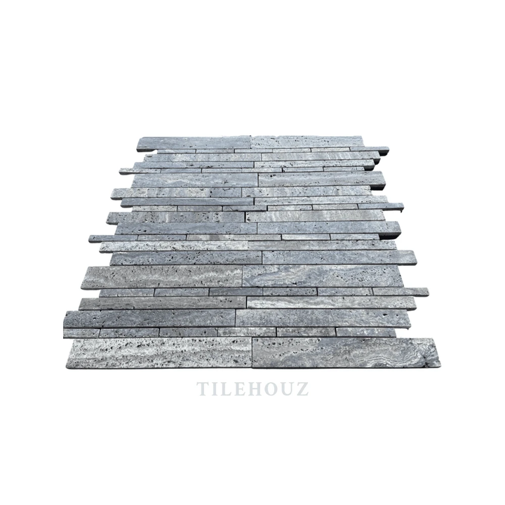Blue travertine random-strip mosaic sheet by Tilehouz, brushed and semi-polished wall tile