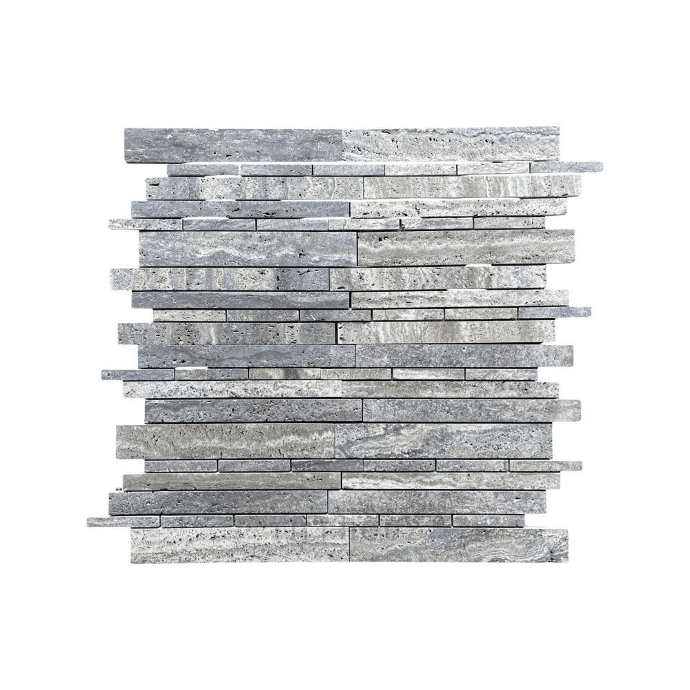 Blue Travertine Random-Strip Mosaic wall tile by Tilehouz, brushed and semi-polished finish