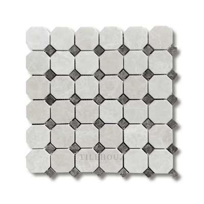 Botticino Cream Marble Octagon Mosaic W/Emperador Dark Dots Polished