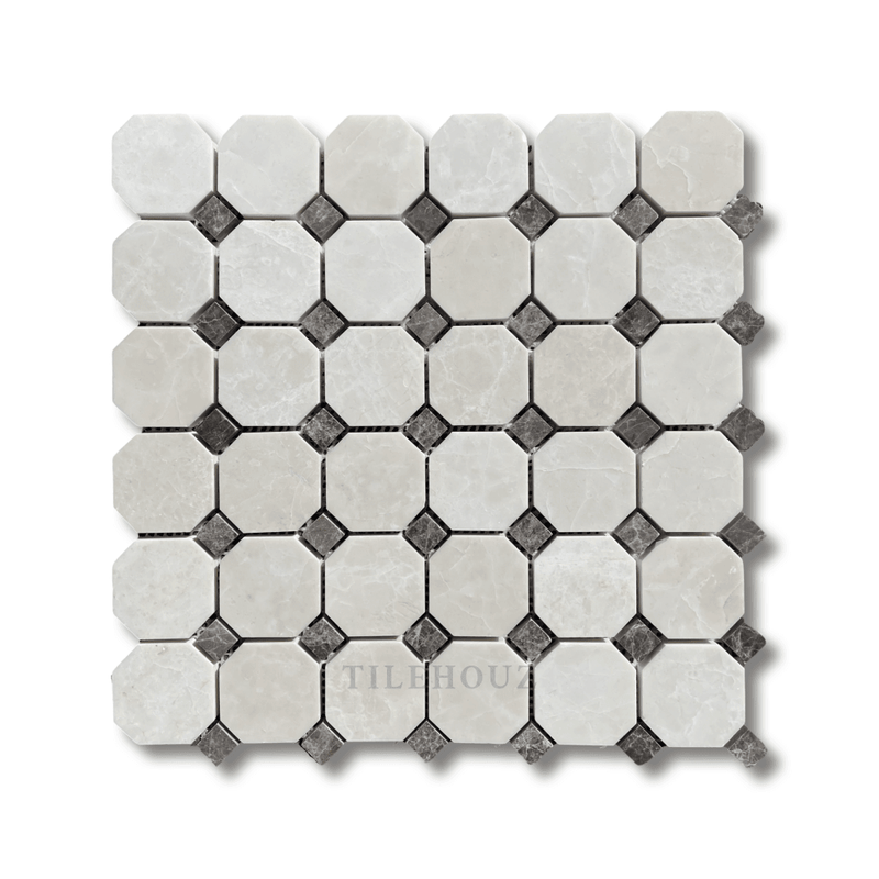 Botticino Cream Marble Octagon Mosaic W/Emperador Dark Dots Polished