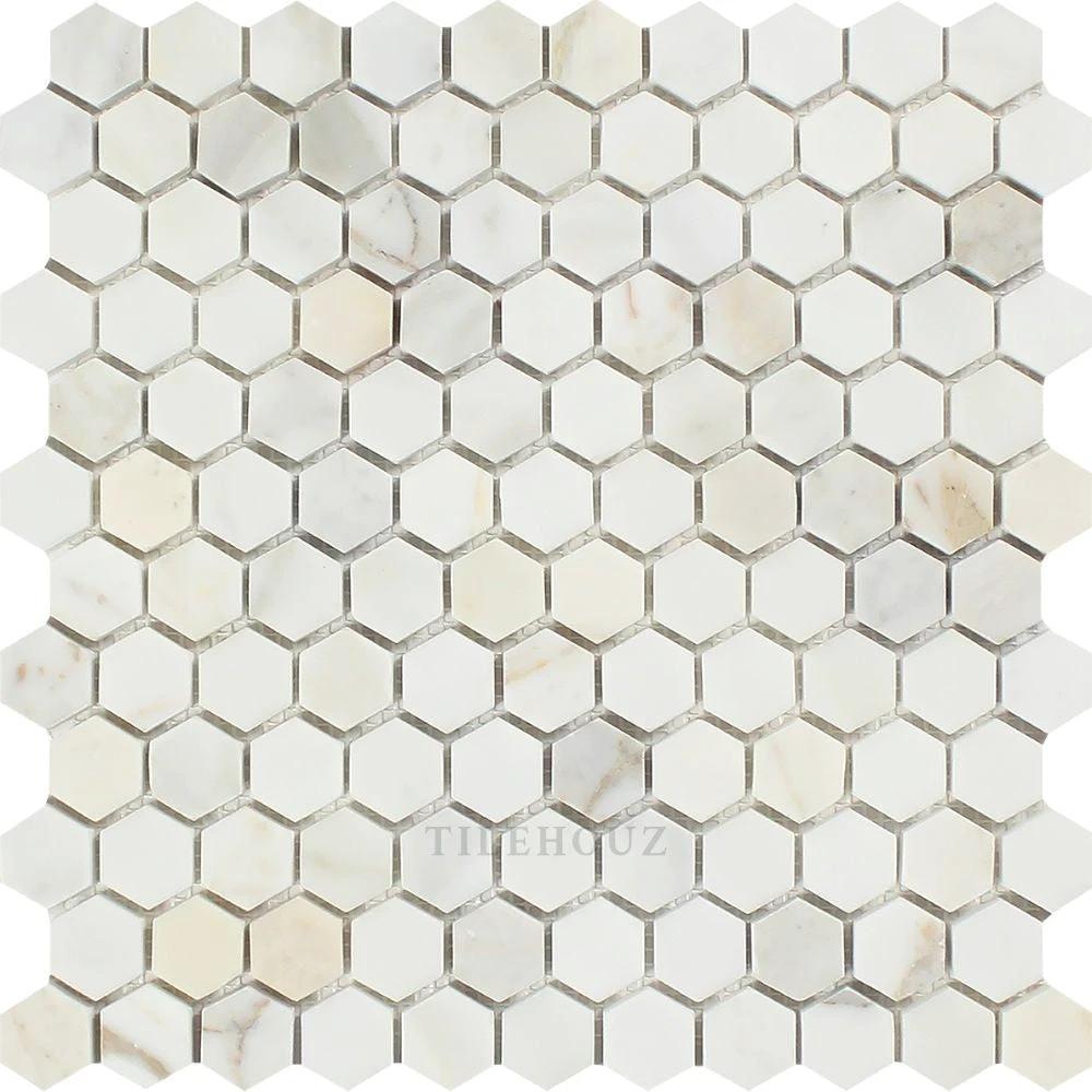 Calacatta Gold Marble 1-inch hexagon mosaic tile by Tilehouz; polished and honed white marble with gold veining