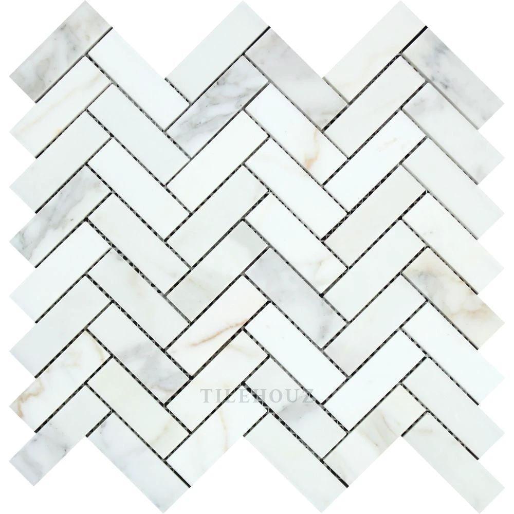 Calacatta Gold marble 1x3 herringbone mosaic tile sheet, polished & honed, Tilehouz