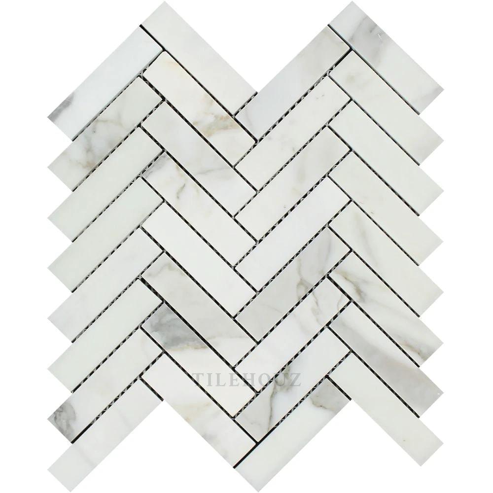 Marble Calacatta Gold 1x4 Herringbone Mosaic Tile, polished and honed, Tilehouz