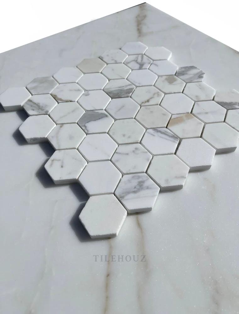 Calacatta Gold marble hexagon mosaic tiles, 2-inch, polished and honed, wall/ceiling tile by Tilehouz