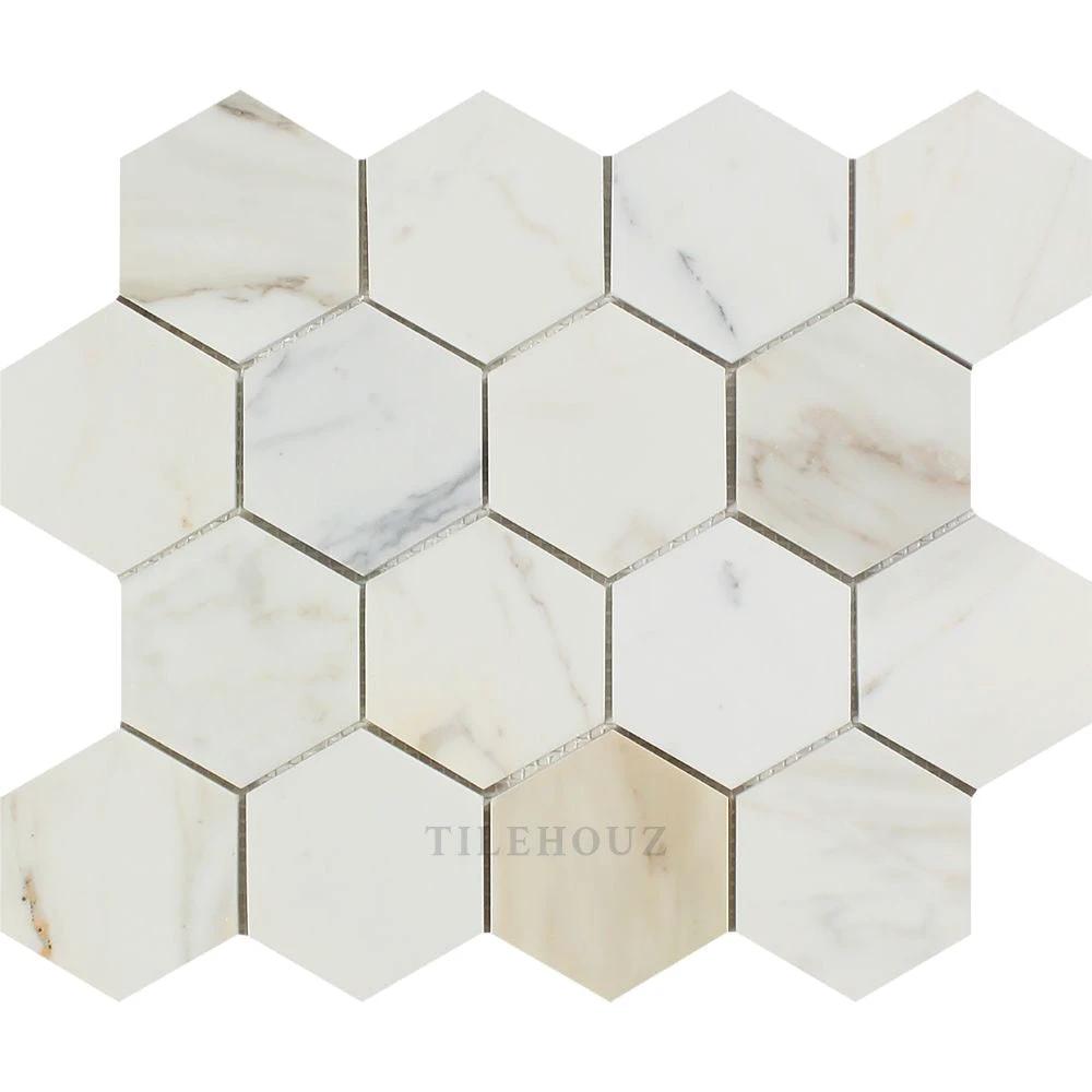 Calacatta Gold marble 3-inch hexagon mosaic tile by Tilehouz, polished and honed finish
