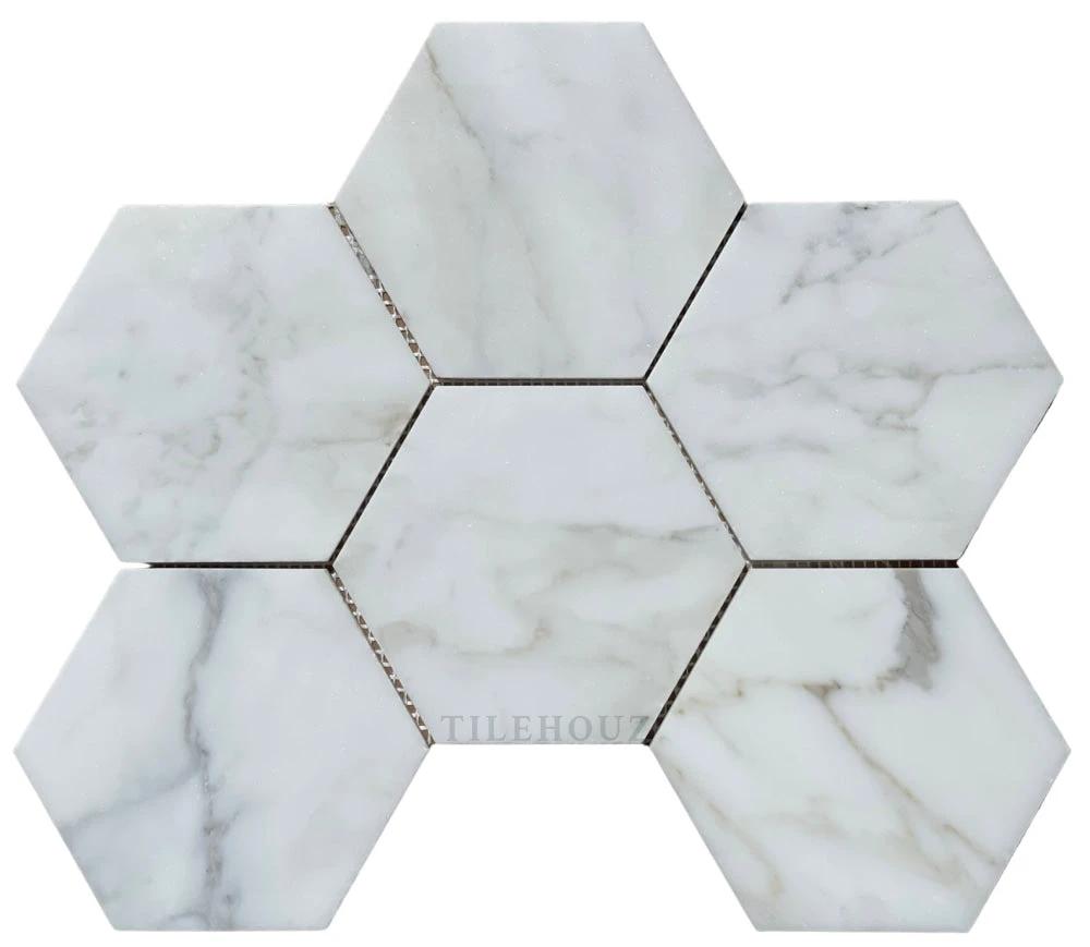 Calacatta Gold marble 5-inch hexagon mosaic tile, polished/honed finish; 7-piece wall & ceiling mosaic by Tilehouz
