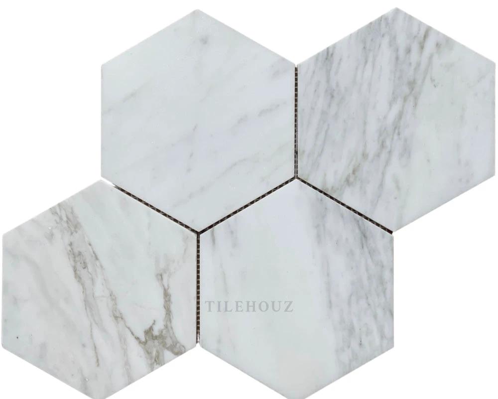 Calacatta Gold Marble 6in Hexagon Mosaic by Tilehouz; white with grey veining, polished/honed.