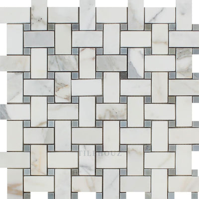Calacatta Gold Marble Basketweave Mosaic Tile W/ Bardiglio/blue-Gray Dots Polished&honed Tiles