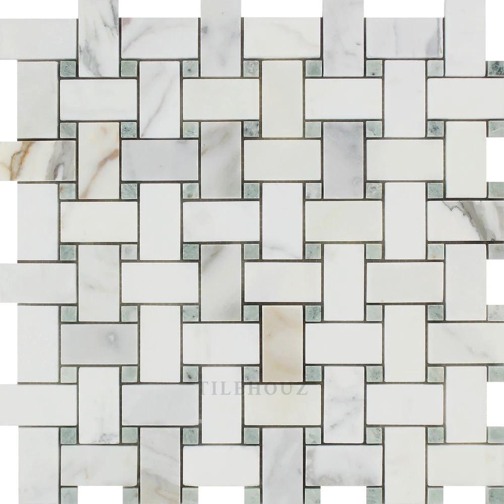 Calacatta Gold marble basketweave mosaic tile with Ming Green dot accents, polished and honed by Tilehouz