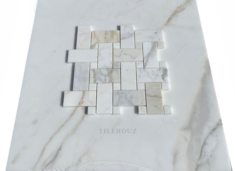 Calacatta Gold Marble Large Basketweave Mosaic W/Calacatta Dots Polished/Honed Wall & Ceiling Tile