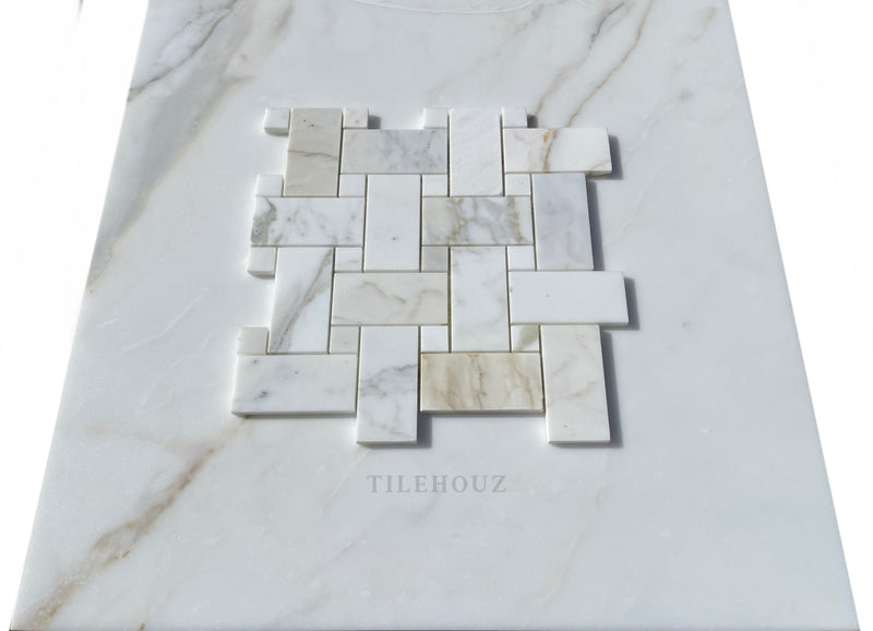Calacatta Gold Marble Large Basketweave Mosaic W/Calacatta Dots Polished/Honed Wall & Ceiling Tile