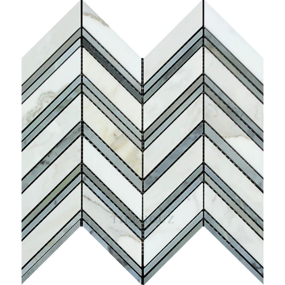 Calacatta Gold marble large chevron mosaic tile with Bardiglio blue-gray strips, polished & honed Tilehouz