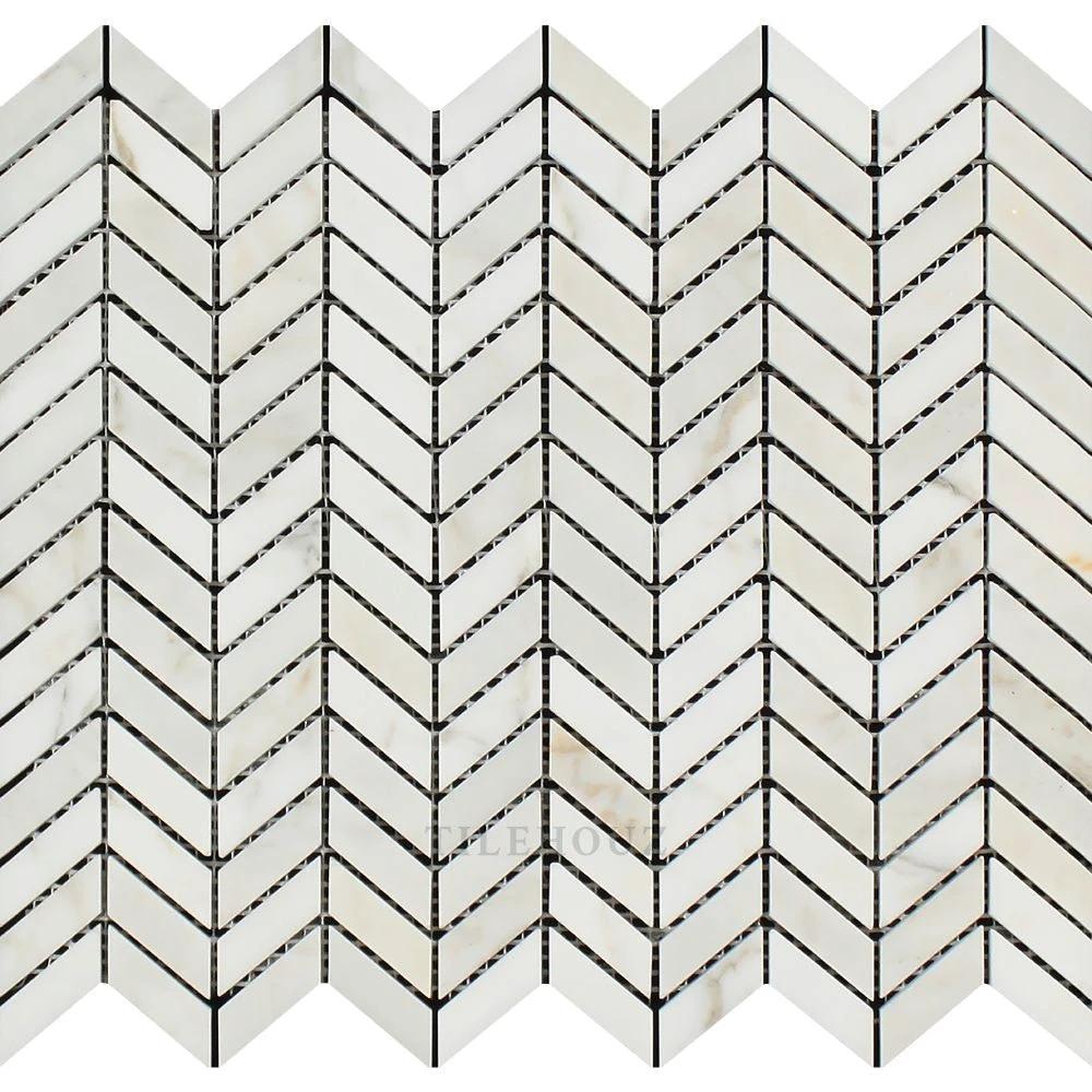 Calacatta Gold marble mini chevron mosaic tile sheet, polished & honed by Tilehouz