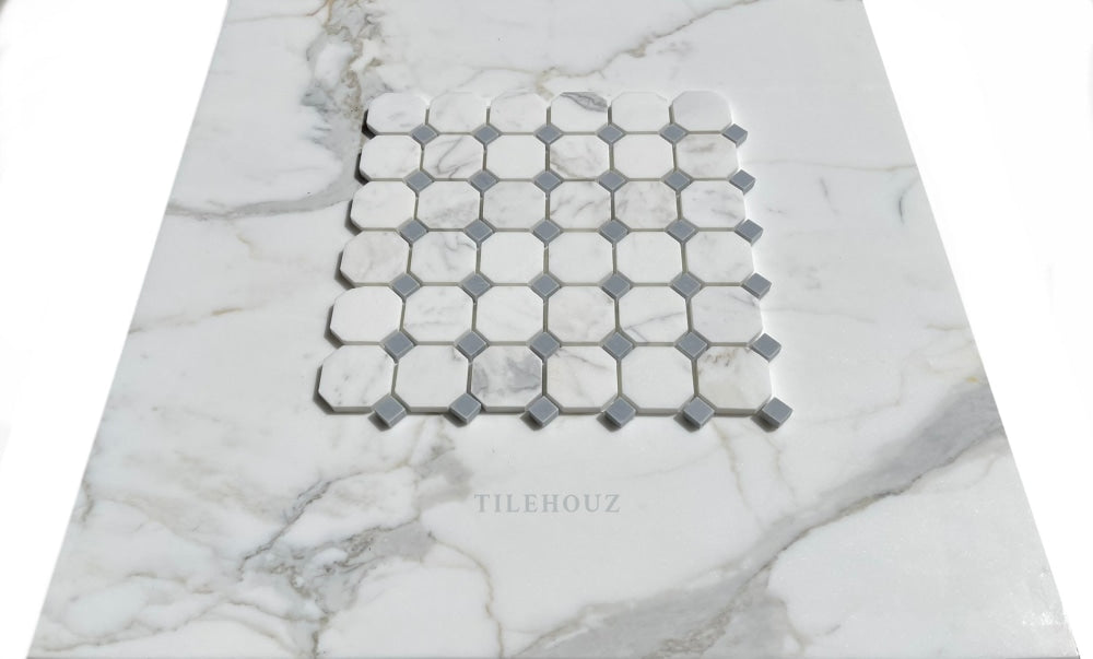 Calacatta Gold marble octagon mosaic with Bardiglio-gray dots; Tilehouz wall & ceiling tile, polished/honed