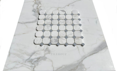 Calacatta Gold Marble Octagon Mosaic With/bardiglio-Gray Dots Polished/honed