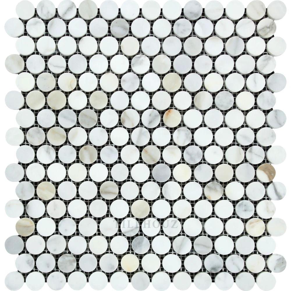 Calacatta Gold marble penny-round mosaic tile on mesh backing, polished and honed, Tilehouz