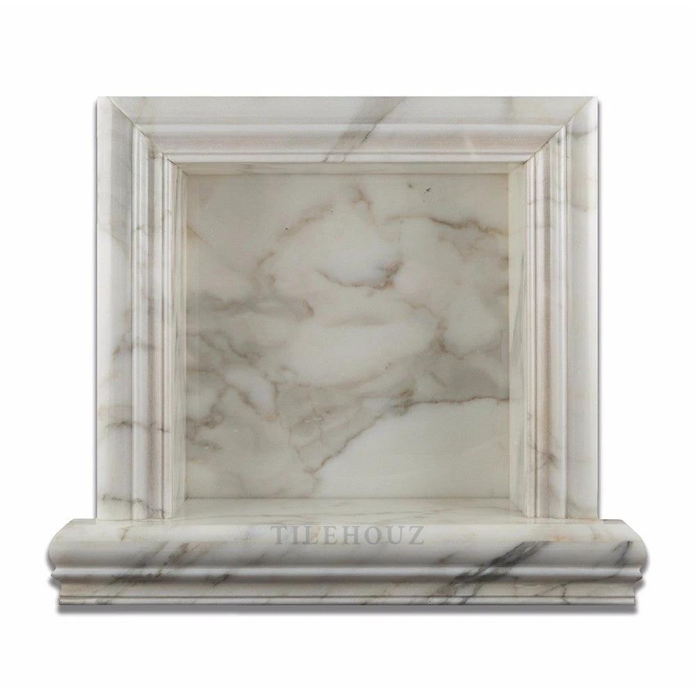 Calacatta Gold marble shower niche by Tilehouz, small polished & honed framed inset