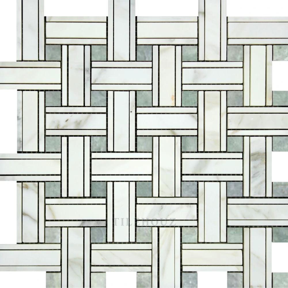 Calacatta Gold marble triple-weave mosaic tile with Ming Green dots, polished & honed wall & ceiling tile Tilehouz