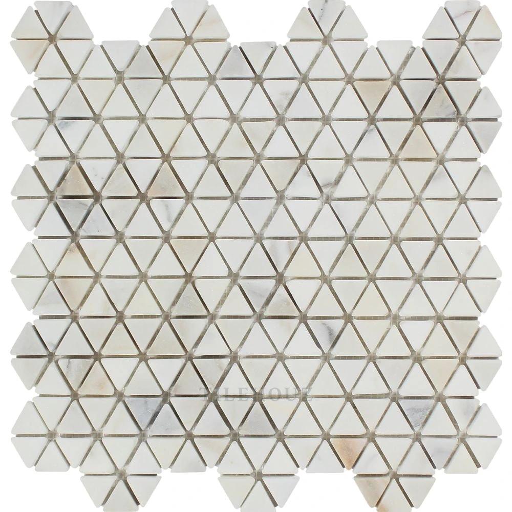 Calacatta Gold marble tumbled triangular hexagon mosaic tile sheet for walls and ceilings by Tilehouz