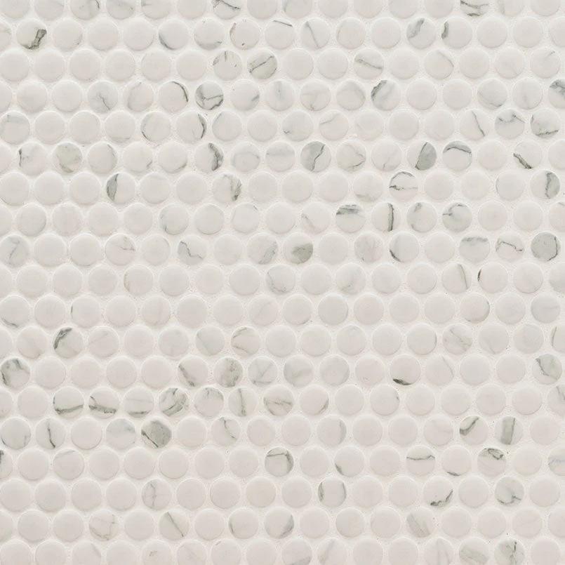 Carrara matte penny round porcelain mosaic tile, white with gray marble veining